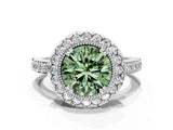 White gold Fancy Green Round Cut Diamond Halo Ring with Pavé Band and Prong Setting