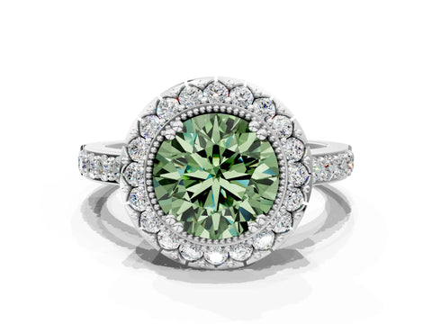 White gold Fancy Green Round Cut Diamond Halo Ring with Pavé Band and Prong Setting