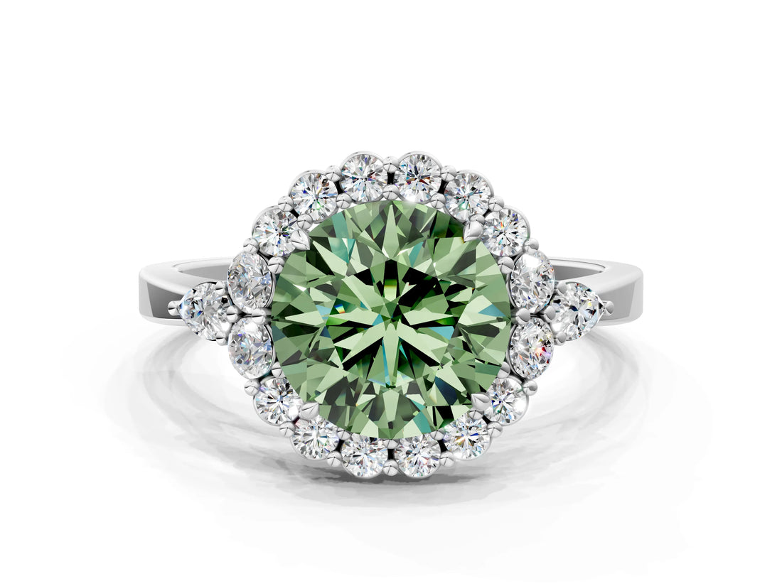 White gold Fancy Green Round Cut Diamond Halo Ring with Pear Side Stones and Prong Setting_74