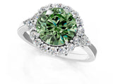 White gold Fancy Green Round Cut Diamond Halo Ring with Pear Side Stones and Prong Setting_75