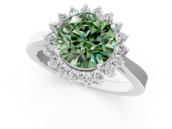 Platinum Fancy Green Round  Cut Diamond Halo Ring with Round Brilliant Halo and Solitaire Band