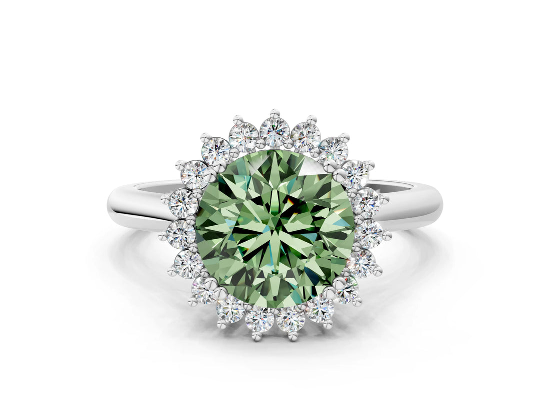 White gold Fancy Green Round  Cut Diamond Halo Ring with Solitaire Band and Prong Setting_53