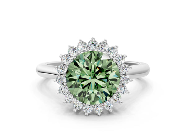 Platinum Fancy Green Round  Cut Diamond Halo Ring with Solitaire Band and Prong Setting