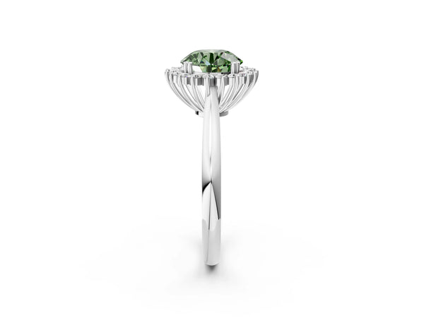 Platinum Fancy Green Round  Cut Diamond Halo Ring with Solitaire Band and Prong Setting