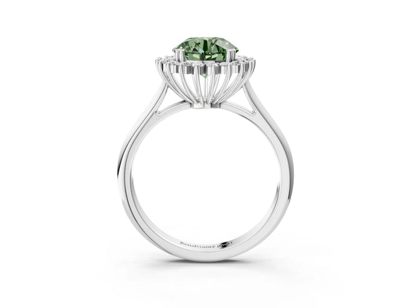 Platinum Fancy Green Round  Cut Diamond Halo Ring with Solitaire Band and Prong Setting