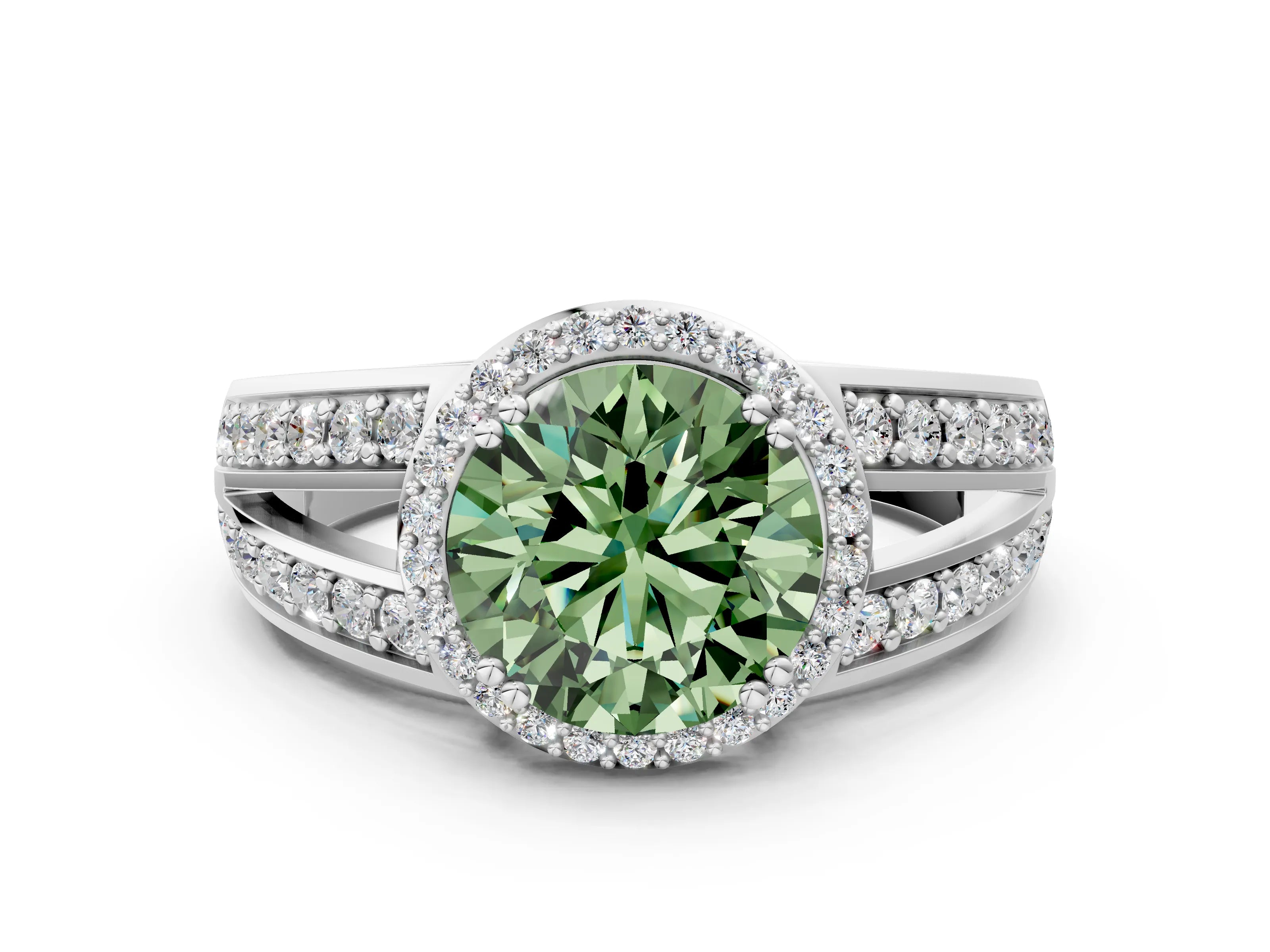 White gold Fancy Green Round Cut Diamond Halo Ring with Split Shank Pavé Band and Four-Prong Setting_12