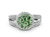 White gold Fancy Green Round Cut Diamond Halo Ring with Split Shank Pavé Band and Four-Prong Setting_12