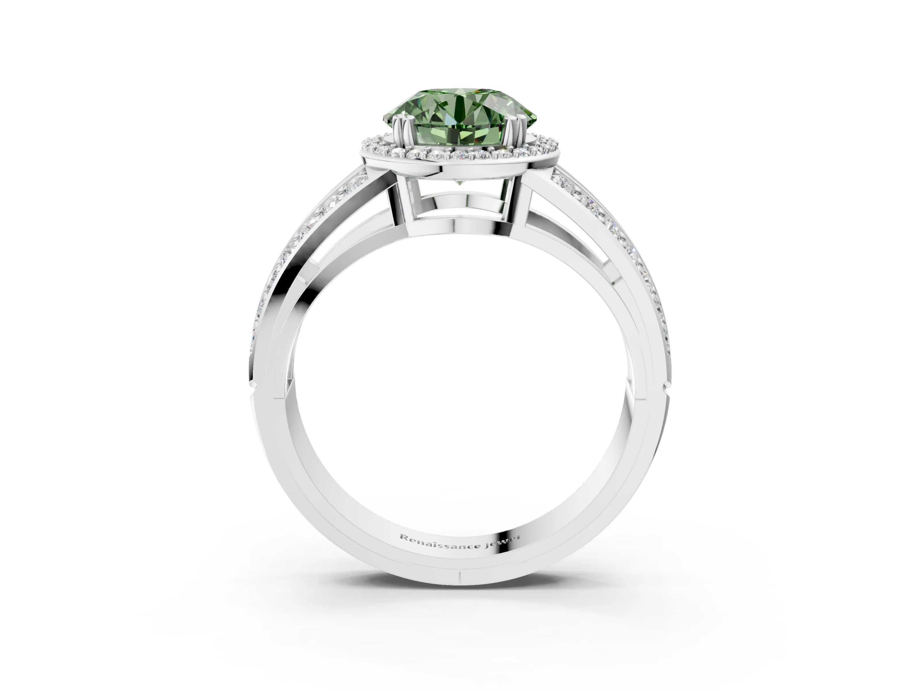 White gold Fancy Green Round Cut Diamond Halo Ring with Split Shank Pavé Band and Four-Prong Setting_15