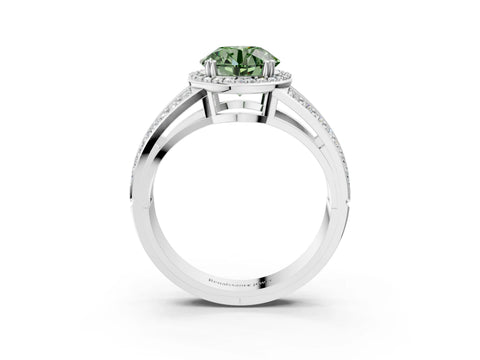 White gold Fancy Green Round Cut Diamond Halo Ring with Split Shank Pavé Band and Four-Prong Setting_15