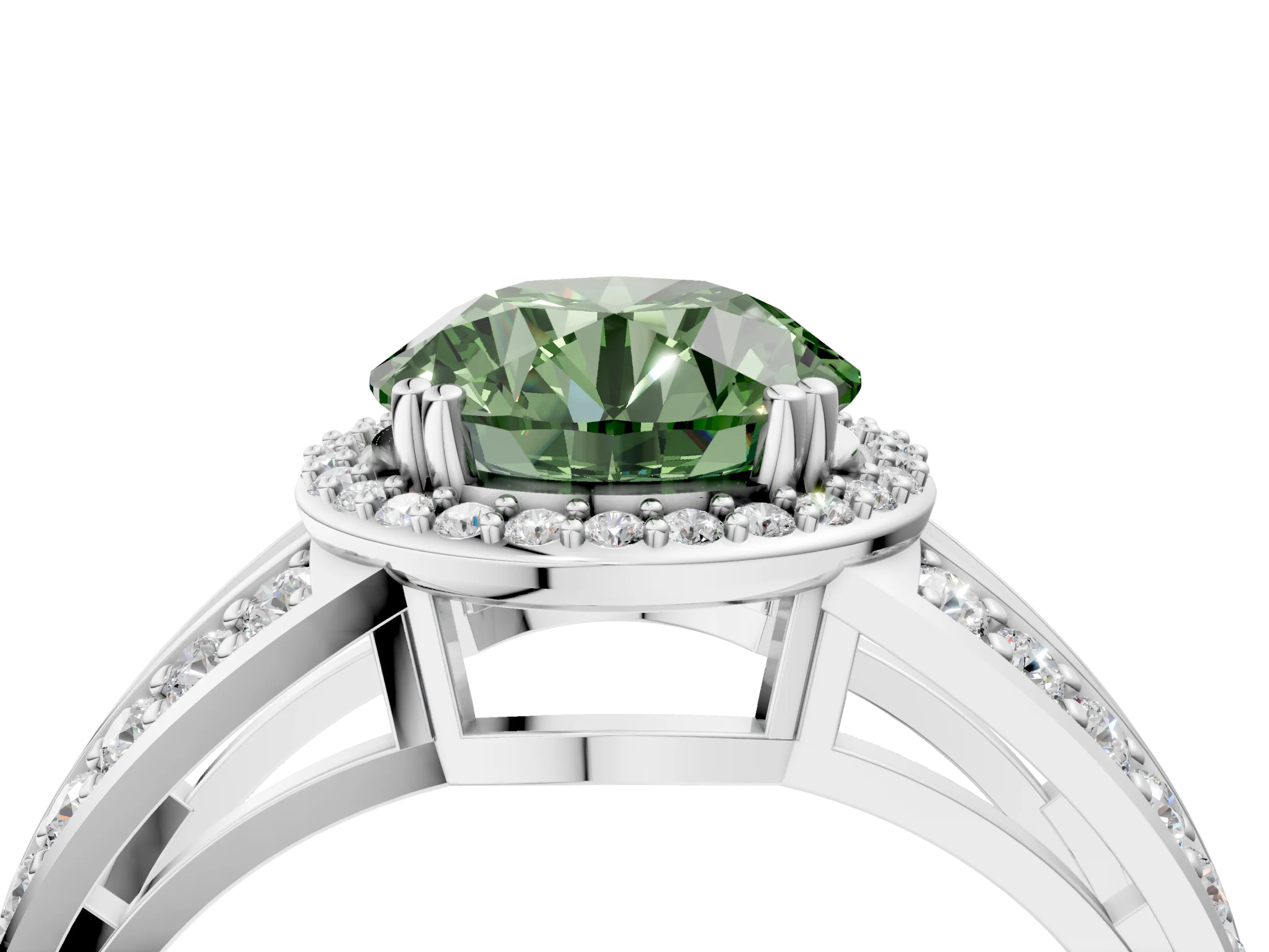 White gold Fancy Green Round Cut Diamond Halo Ring with Split Shank Pavé Band and Four-Prong Setting_16