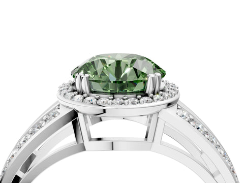 White gold Fancy Green Round Cut Diamond Halo Ring with Split Shank Pavé Band and Four-Prong Setting_16