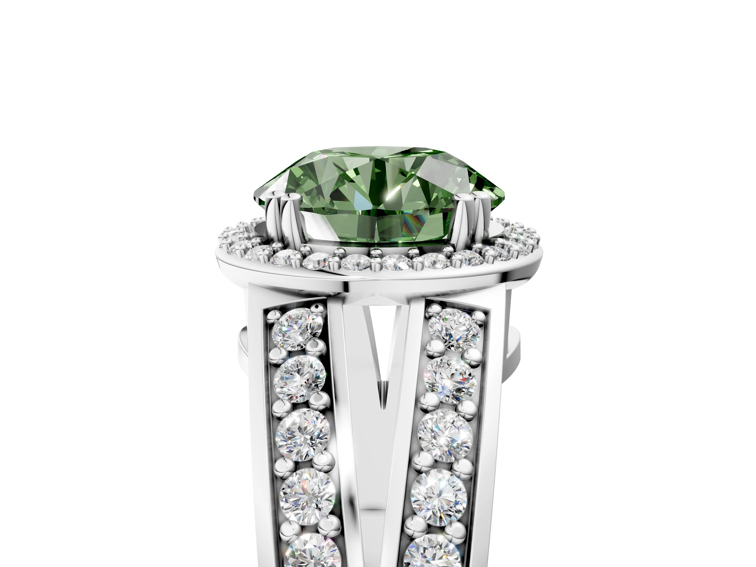 White gold Fancy Green Round Cut Diamond Halo Ring with Split Shank Pavé Band and Four-Prong Setting_17