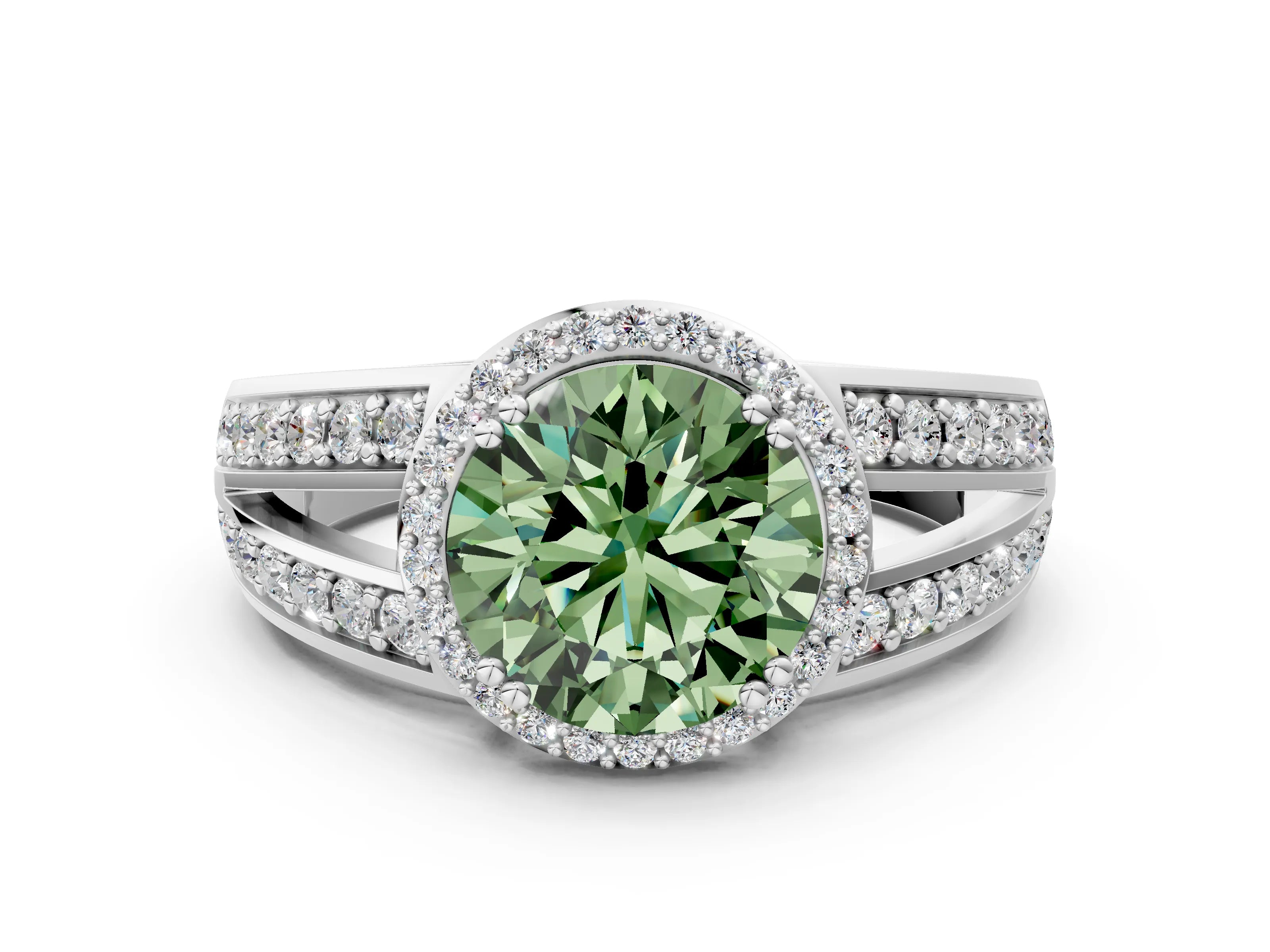 White gold Fancy Green Round Cut Diamond Halo Ring with Split Shank Pavé Band and Four-Prong Setting_18