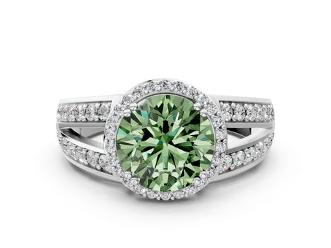 White gold Fancy Green Round Cut Diamond Halo Ring with Split Shank Pavé Band and Four-Prong Setting_18