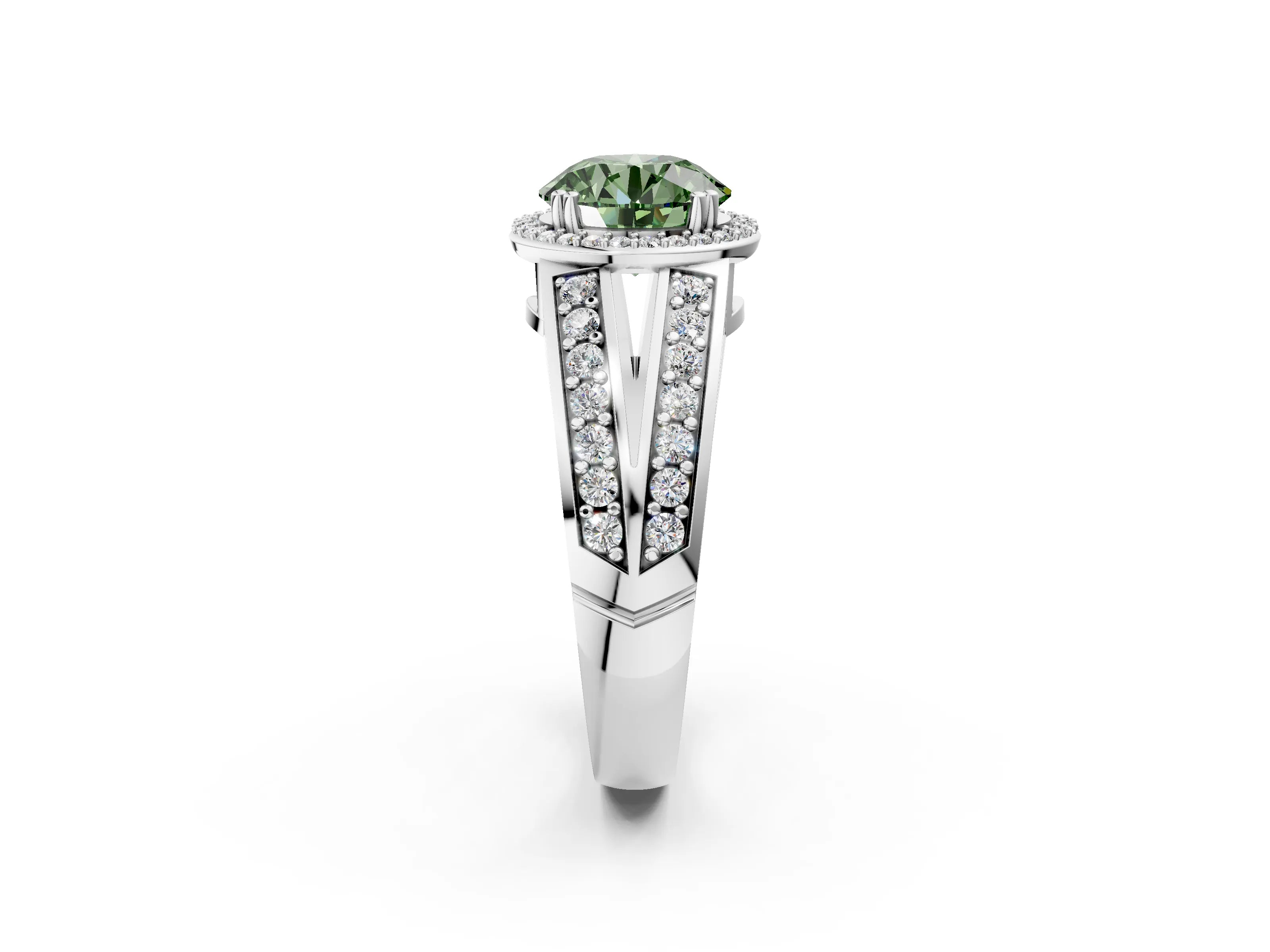 White gold Fancy Green Round Cut Diamond Halo Ring with Split Shank Pavé Band and Four-Prong Setting_2