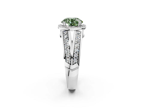 White gold Fancy Green Round Cut Diamond Halo Ring with Split Shank Pavé Band and Four-Prong Setting_20