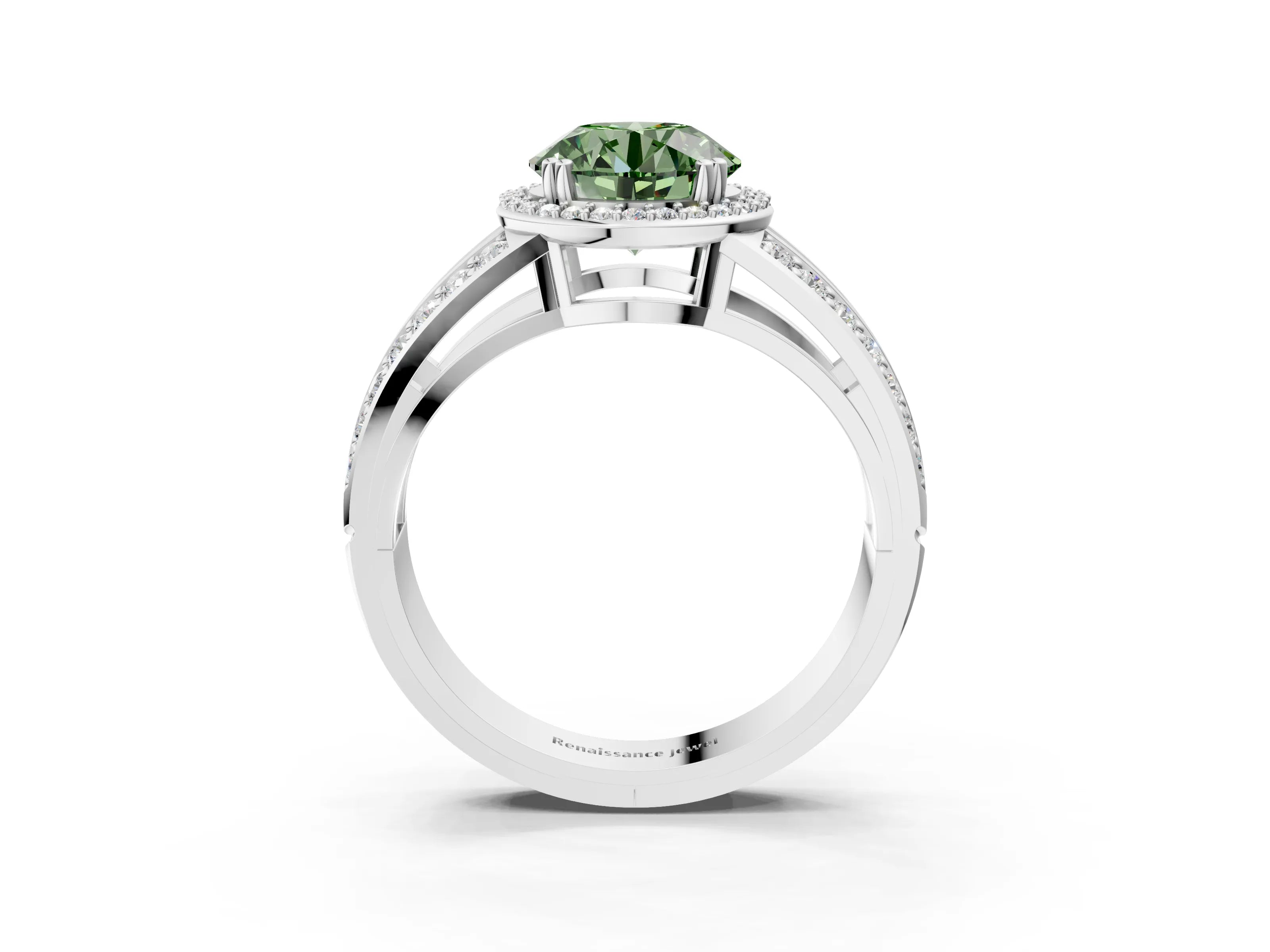 White gold Fancy Green Round Cut Diamond Halo Ring with Split Shank Pavé Band and Four-Prong Setting_21