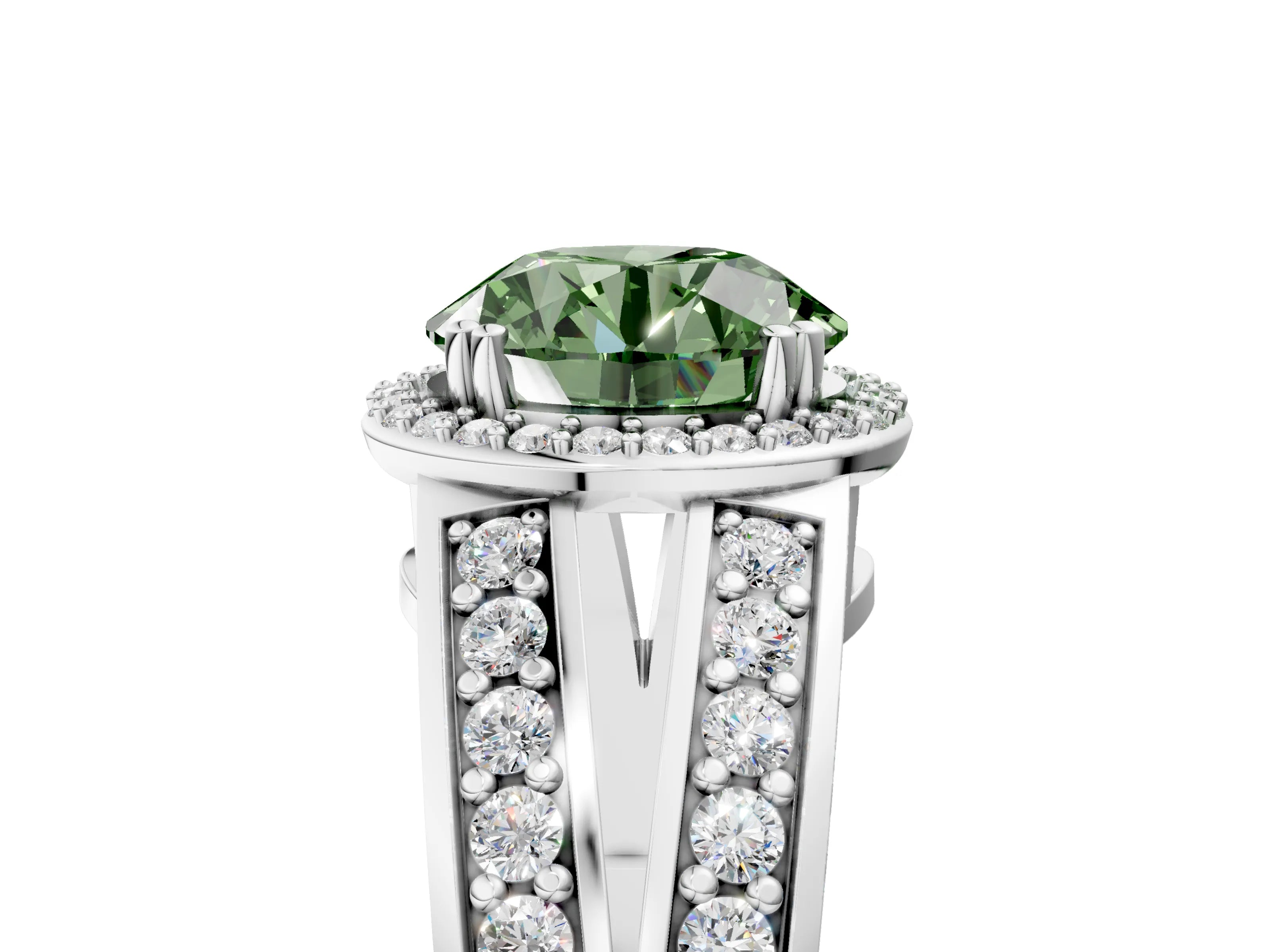 White gold Fancy Green Round Cut Diamond Halo Ring with Split Shank Pavé Band and Four-Prong Setting_27