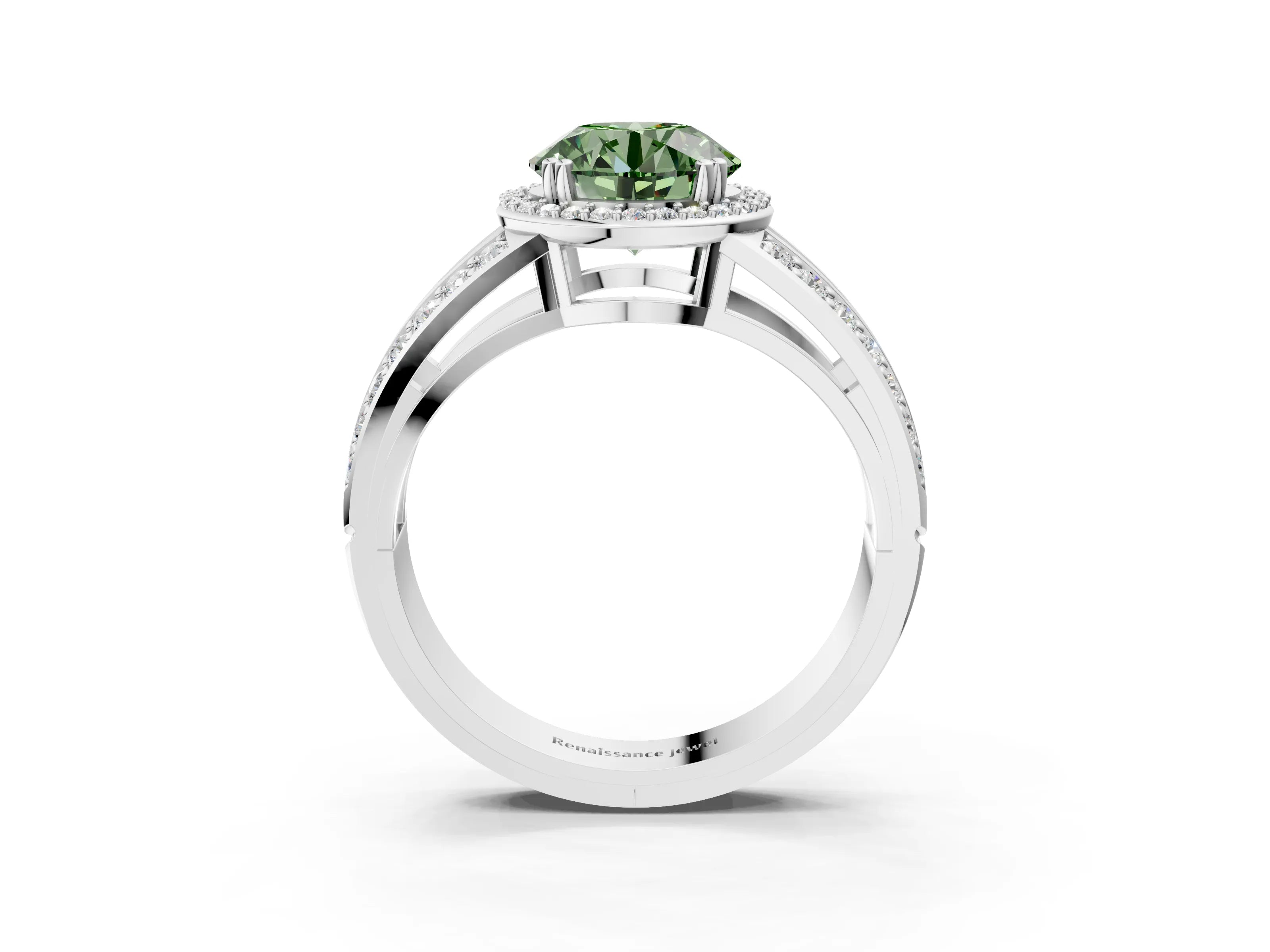 White gold Fancy Green Round Cut Diamond Halo Ring with Split Shank Pavé Band and Four-Prong Setting_3