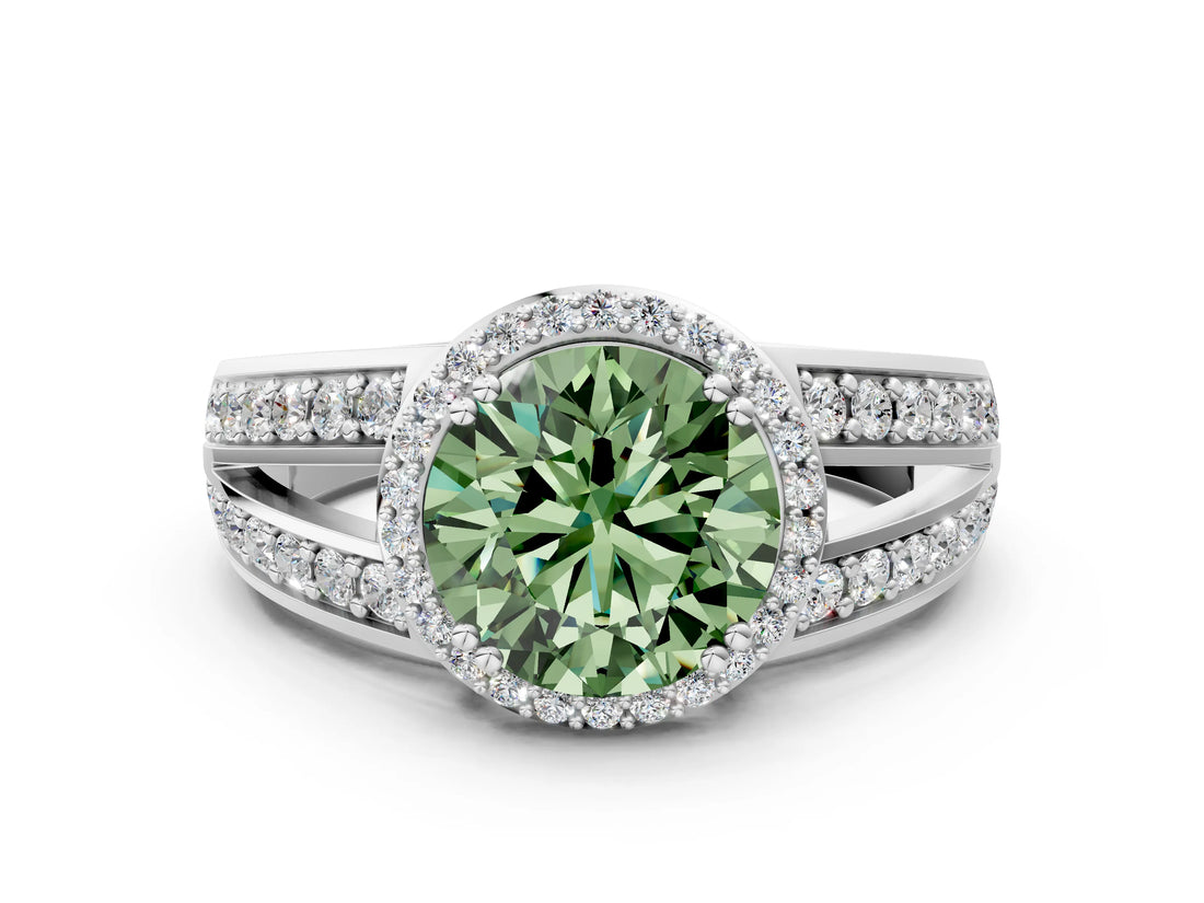White gold Fancy Green Round Cut Diamond Halo Ring with Split Shank Pavé Band and Four-Prong Setting_30