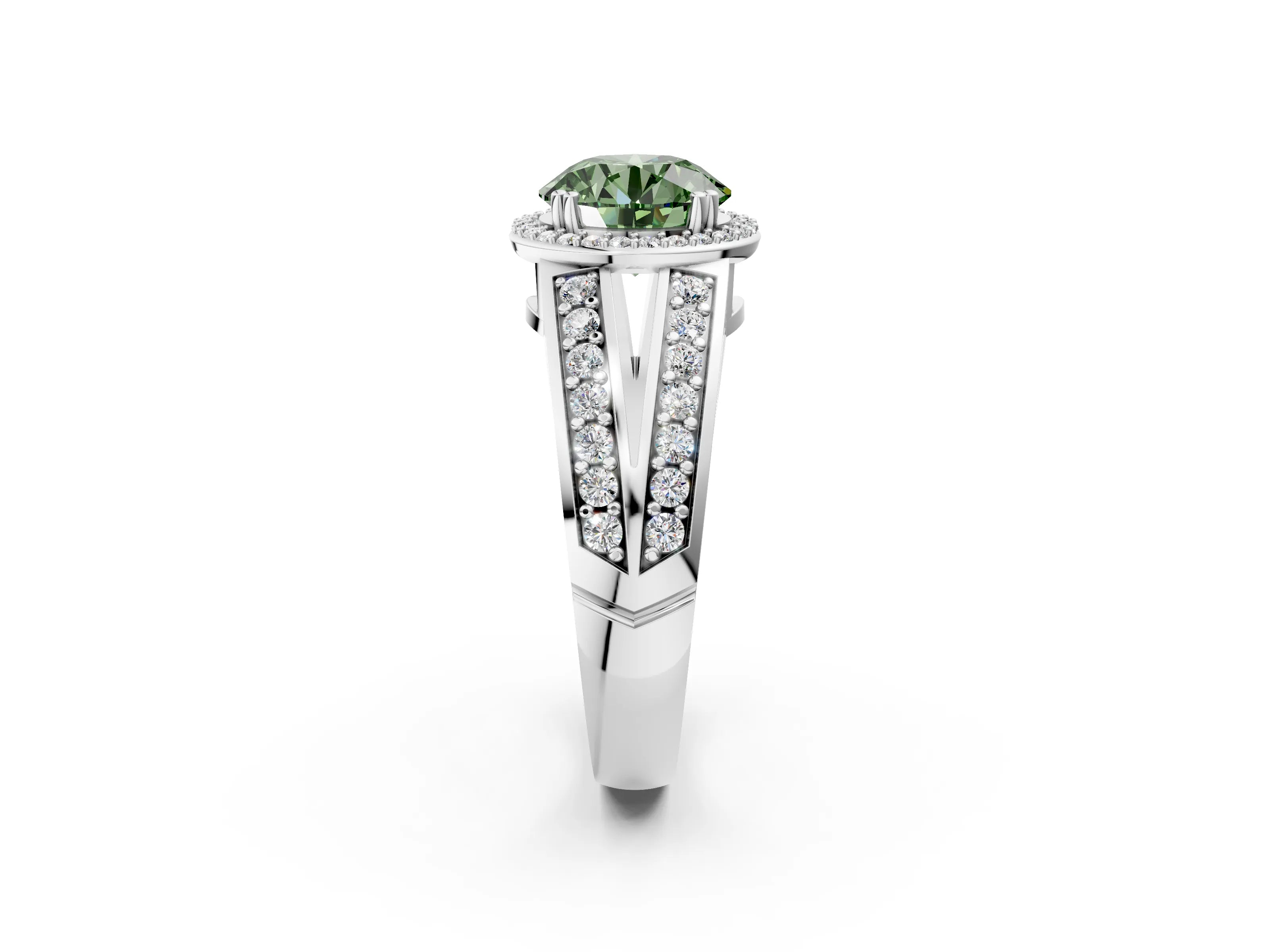 White gold Fancy Green Round Cut Diamond Halo Ring with Split Shank Pavé Band and Four-Prong Setting_30
