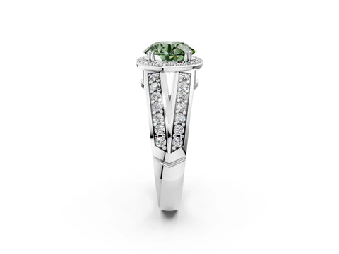 White gold Fancy Green Round Cut Diamond Halo Ring with Split Shank Pavé Band and Four-Prong Setting_32