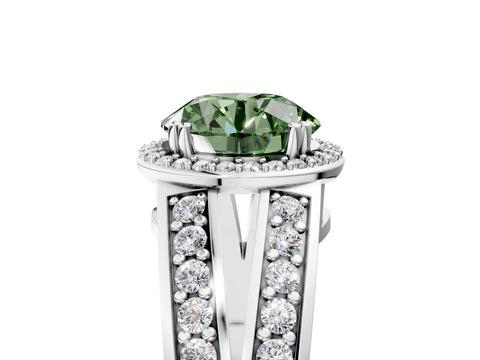White gold Fancy Green Round Cut Diamond Halo Ring with Split Shank Pavé Band and Four-Prong Setting_35