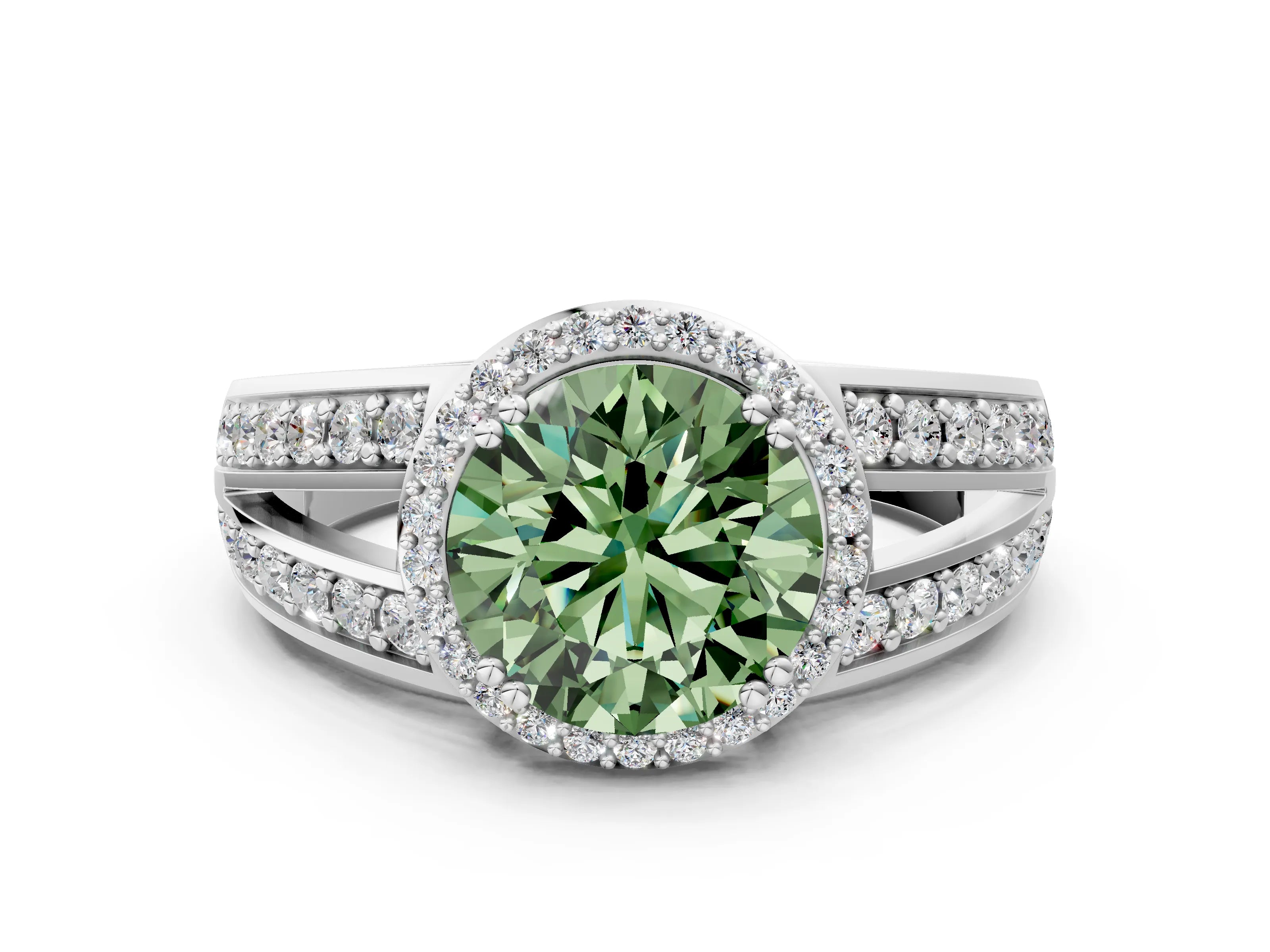 White gold Fancy Green Round Cut Diamond Halo Ring with Split Shank Pavé Band and Four-Prong Setting_36