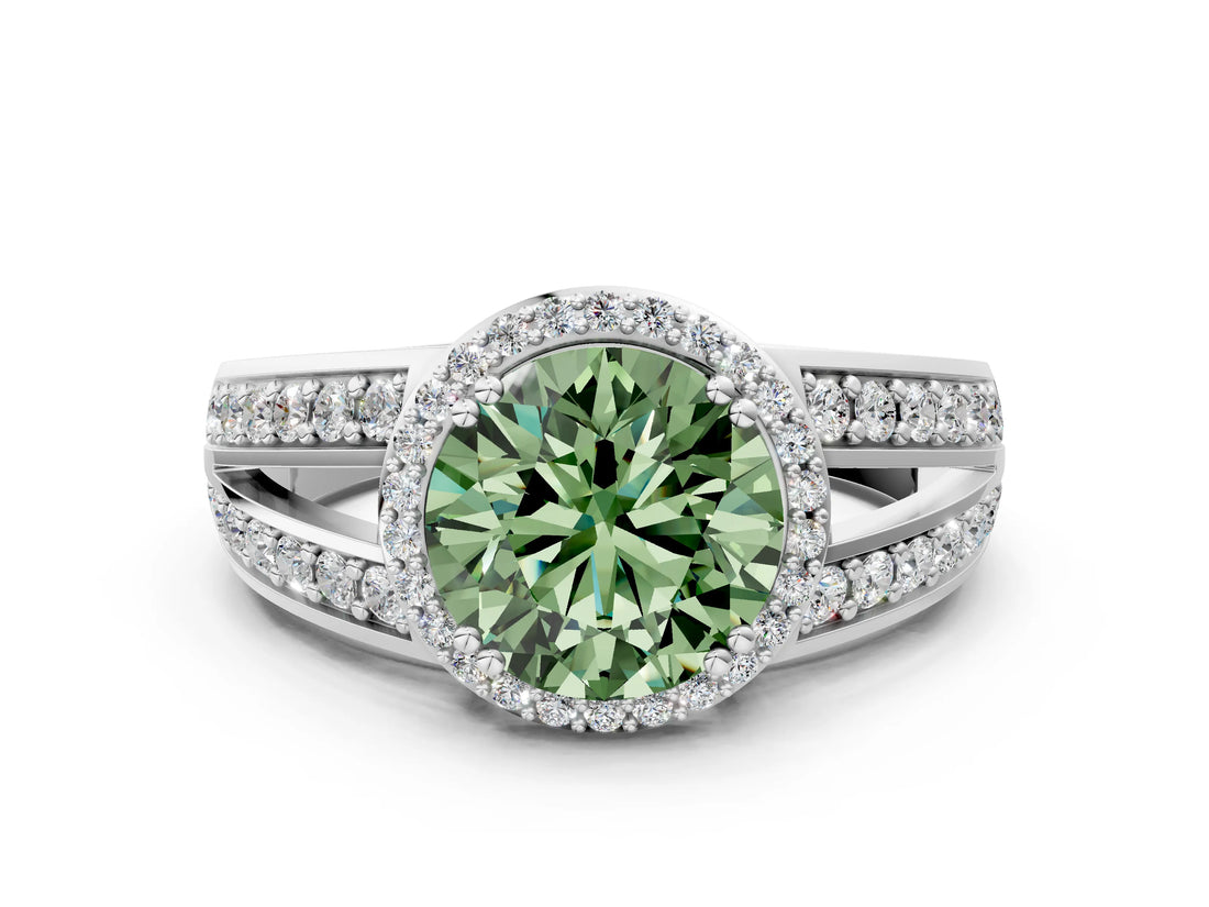 White gold Fancy Green Round Cut Diamond Halo Ring with Split Shank Pavé Band and Four-Prong Setting_36
