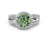 White gold Fancy Green Round Cut Diamond Halo Ring with Split Shank Pavé Band and Four-Prong Setting_36