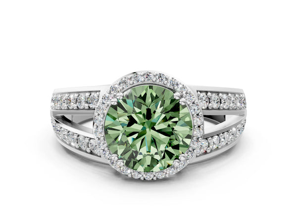 White gold Fancy Green Round Cut Diamond Halo Ring with Split Shank Pavé Band and Four-Prong Setting