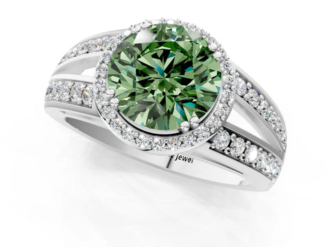White gold Fancy Green Round Cut Diamond Halo Ring with Split Shank Pavé Band and Four-Prong Setting_37