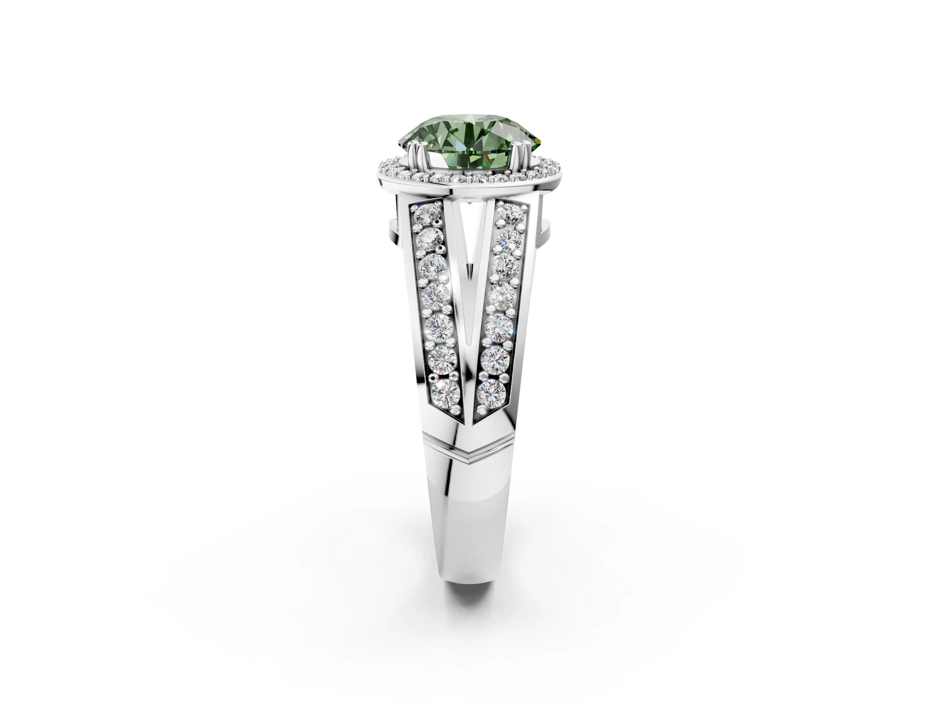 White gold Fancy Green Round Cut Diamond Halo Ring with Split Shank Pavé Band and Four-Prong Setting_38