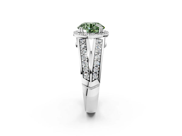 White gold Fancy Green Round Cut Diamond Halo Ring with Split Shank Pavé Band and Four-Prong Setting