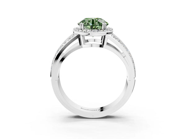 White gold Fancy Green Round Cut Diamond Halo Ring with Split Shank Pavé Band and Four-Prong Setting