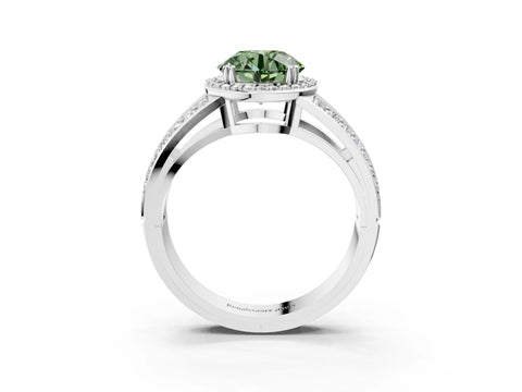 White gold Fancy Green Round Cut Diamond Halo Ring with Split Shank Pavé Band and Four-Prong Setting_39