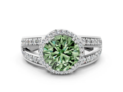 White gold Fancy Green Round Cut Diamond Halo Ring with Split Shank Pavé Band and Four-Prong Setting_40