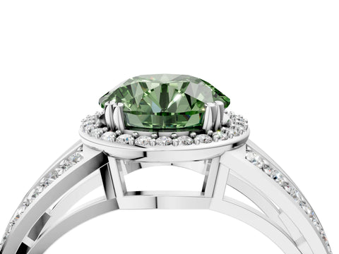 White gold Fancy Green Round Cut Diamond Halo Ring with Split Shank Pavé Band and Four-Prong Setting_4