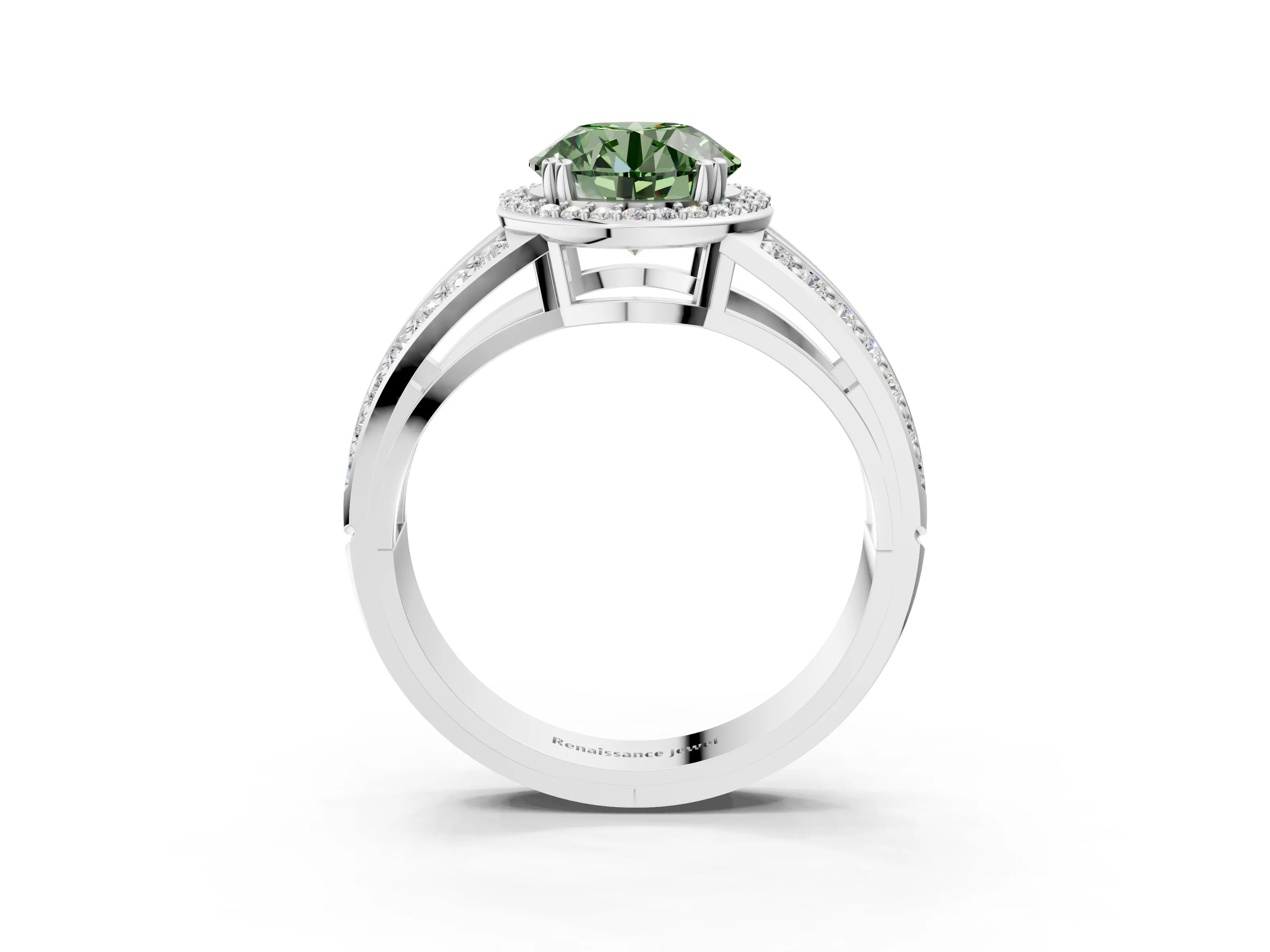 White gold Fancy Green Round Cut Diamond Halo Ring with Split Shank Pavé Band and Four-Prong Setting_51