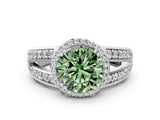White gold Fancy Green Round Cut Diamond Halo Ring with Split Shank Pavé Band and Four-Prong Setting_60