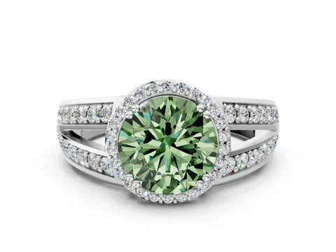White gold Fancy Green Round Cut Diamond Halo Ring with Split Shank Pavé Band and Four-Prong Setting