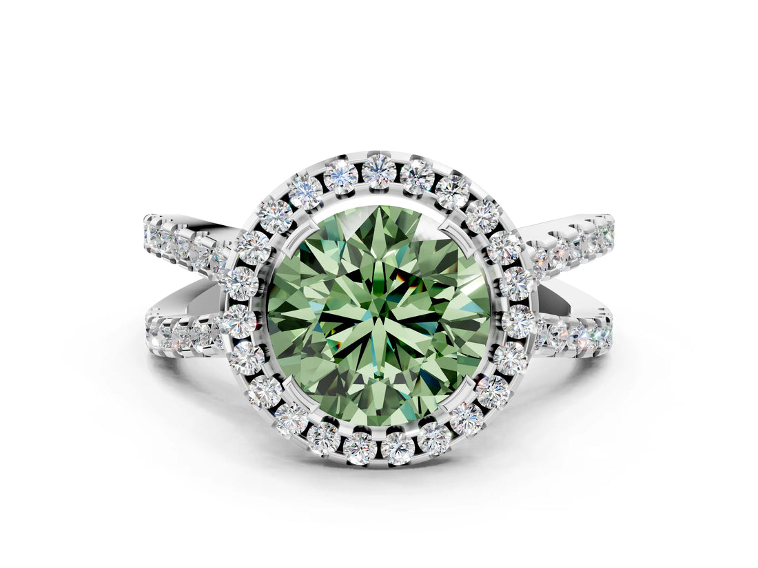 White gold Fancy Green Round Cut Diamond Halo Ring with Split Shank Pavé Band and Prong Setting_79