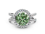White gold Fancy Green Round Cut Diamond Halo Ring with Split Shank Pavé Band and Prong Setting_79