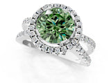 White gold Fancy Green Round Cut Diamond Halo Ring with Split Shank Pavé Band and Prong Setting_81