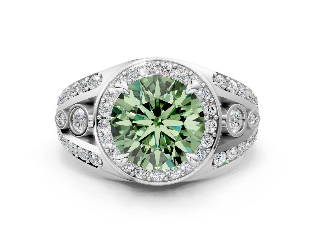 White gold Fancy Green Round Cut Diamond Halo Ring with Split Shank and Bezel Accents and Four-Prong Setting