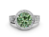 White gold Fancy Green Round Cut Diamond Halo Ring with Split Shank and Bezel Accents and Prong Setting