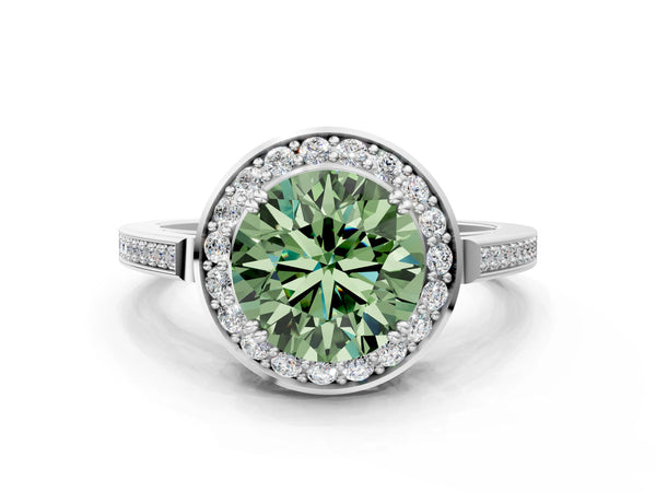 Platinum Fancy Green Round Cut Diamond Halo Ring with Split Shank and Four-Prong Setting