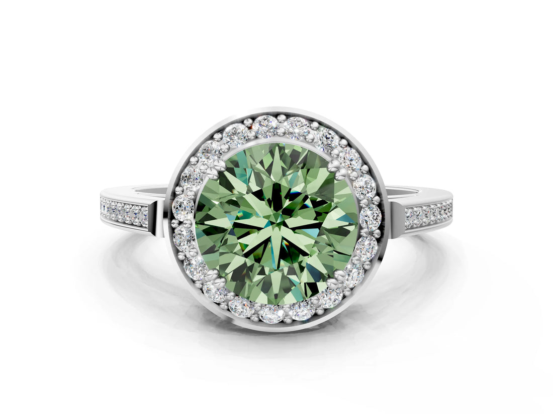 White gold Fancy Green Round Cut Diamond Halo Ring with Split Shank and Four-Prong Setting_76