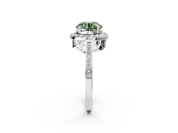 Platinum Fancy Green Round Cut Diamond Halo Ring with Split Shank and Four-Prong Setting