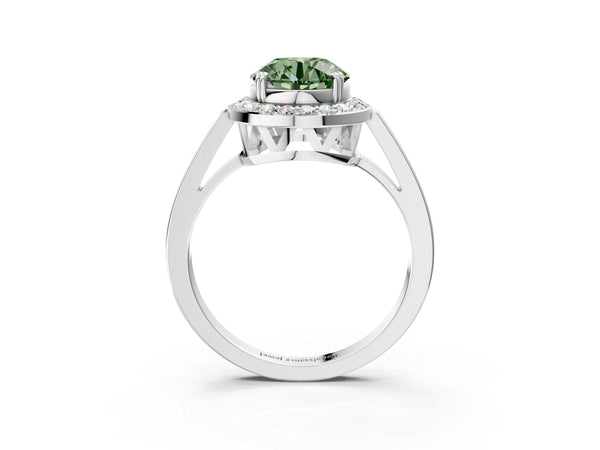 Platinum Fancy Green Round Cut Diamond Halo Ring with Split Shank and Four-Prong Setting